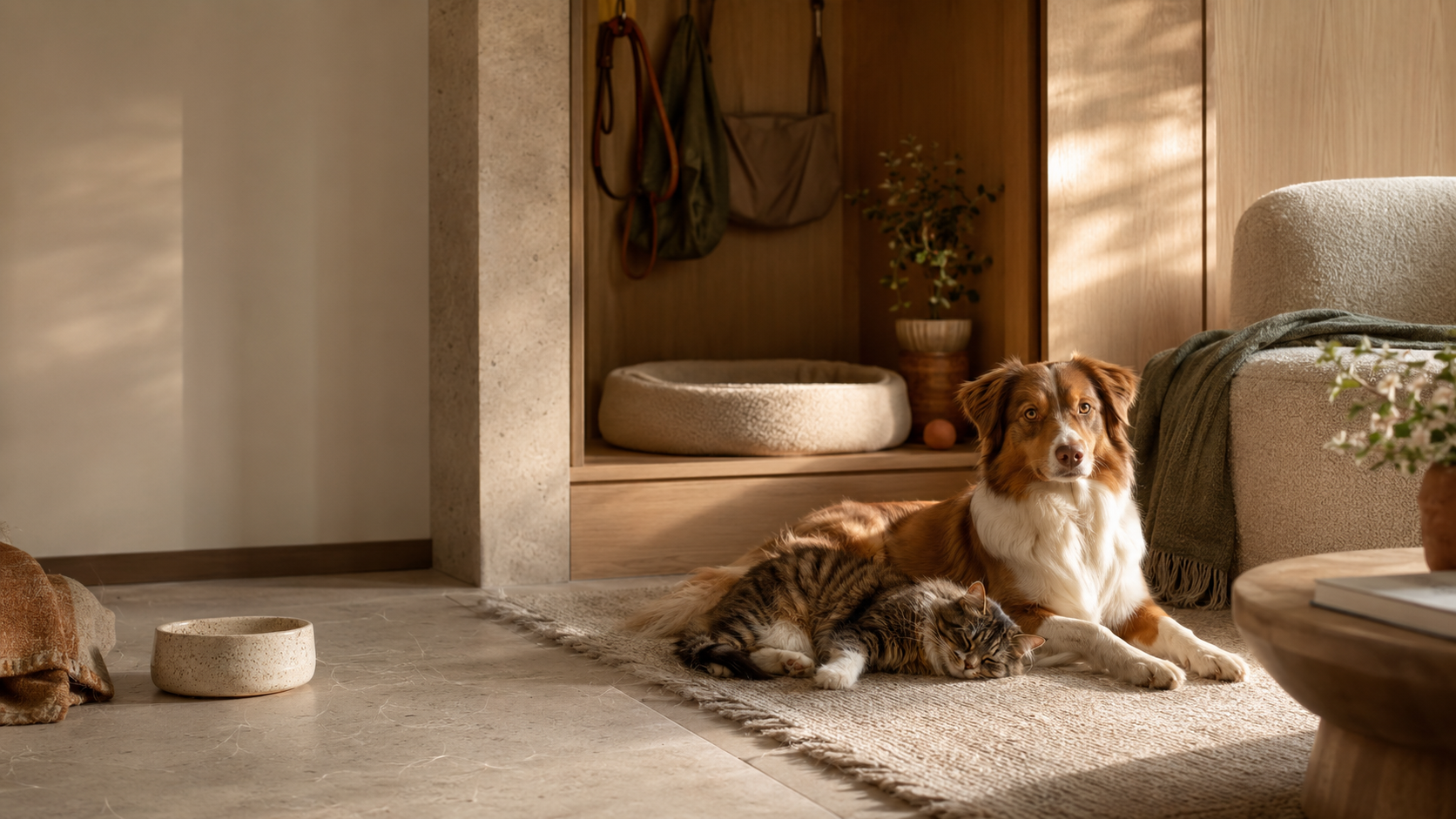 Un chien et un chat apaisés dans un intérieur contemporain chaleureux et harmonieusement organisé